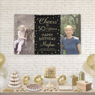 ANY Birthday Cheers Black & Gold Confetti 2 Photo Banner