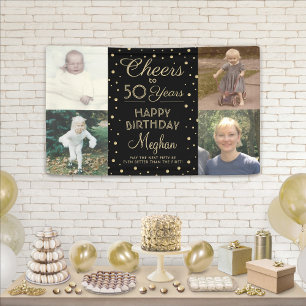ANY Birthday Cheers Black & Gold Confetti 4 Photo Banner
