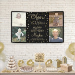 ANY Birthday Cheers Black Gold Confetti  Four Phot Banner<br><div class="desc">Celebrate a happy milestone birthday with a custom 4 photo collage black and gold party banner. (IMAGE PLACEMENT TIP: An easy way to center a picture exactly how you want is to crop it before uploading to the Zazzle website.) Design features four square photos of your choice, modern script calligraphy...</div>