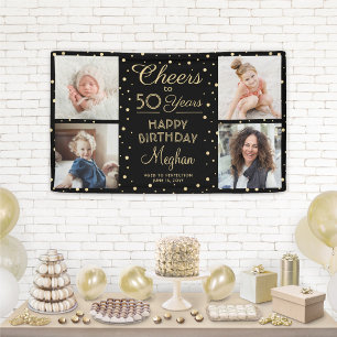 ANY Birthday Cheers Black Gold Confetti Four Phot Banner