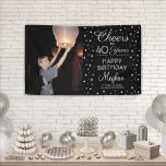 ANY Birthday Cheers Black Silver Confetti 1 Photo Banner<br><div class="desc">Celebrate a happy milestone birthday with a custom photo black, white, and faux silver party banner. Design features an image of your choice, modern script calligraphy customizable "Cheers to 40 Years" and silver foil look confetti dots on a black background. Please note that text is printed with white & gray...</div>