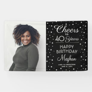 ANY Birthday Cheers Black Silver Confetti 1 Photo Banner