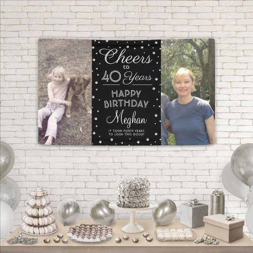 ANY Birthday Cheers Black Silver Confetti 2 Photo Banner