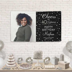 ANY Birthday Cheers Black & White Confetti 1 Photo Banner