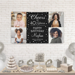 ANY Birthday Cheers Black & White Confetti 4 Photo Banner