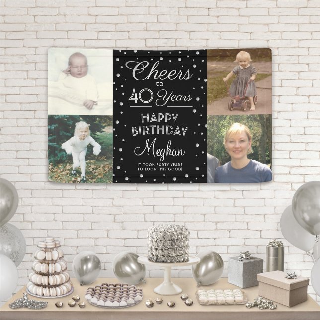 ANY Birthday Cheers Black & White Confetti 4 Photo Banner (Creator Uploaded)