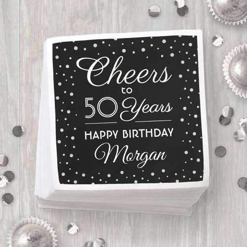 ANY Birthday Cheers Black White  Silver Glitter Napkins