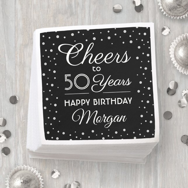 ANY Birthday Cheers Black, White & Silver Glitter Napkins (Creator Uploaded)