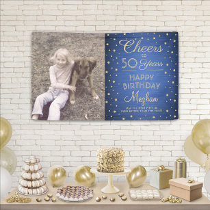 ANY Birthday Cheers Brushed Blue and Gold 1 Photo Banner