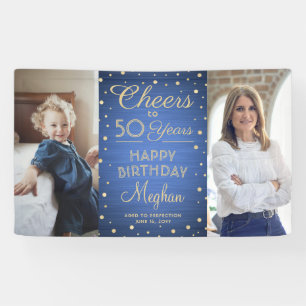 ANY Birthday Cheers Brushed Blue and Gold 2 Photo Banner