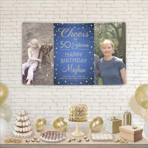 ANY Birthday Cheers Brushed Blue and Gold 2 Photo Banner