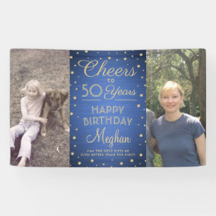 ANY Birthday Cheers Brushed Blue and Gold 2 Photo Banner