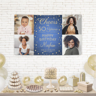 ANY Birthday Cheers Brushed Blue and Gold 4 Photo Banner