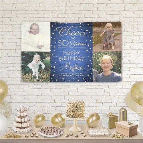 ANY Birthday Cheers Brushed Blue and Gold 4 Photo Banner