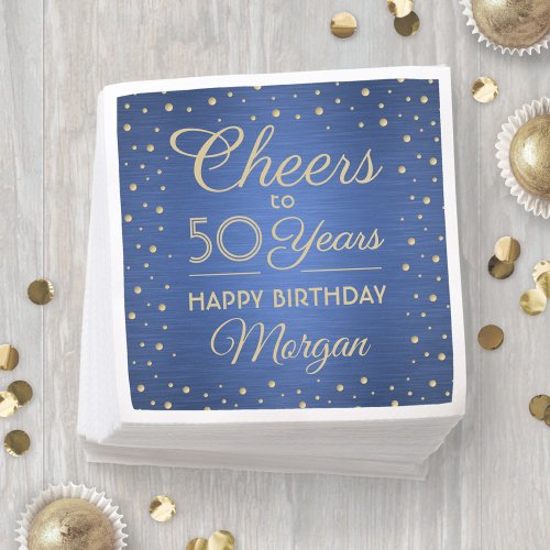 ANY Birthday Cheers Brushed Blue and Gold Confetti Napkins