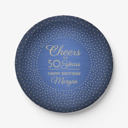 ANY Birthday Cheers Brushed Blue and Gold Confetti Paper Plates