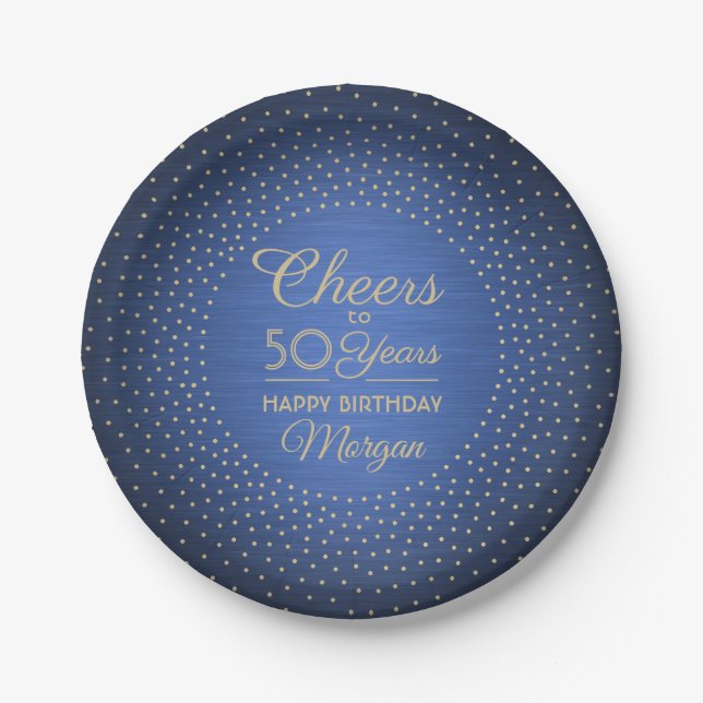 ANY Birthday Cheers Brushed Blue and Gold Confetti Paper Plates (Front)