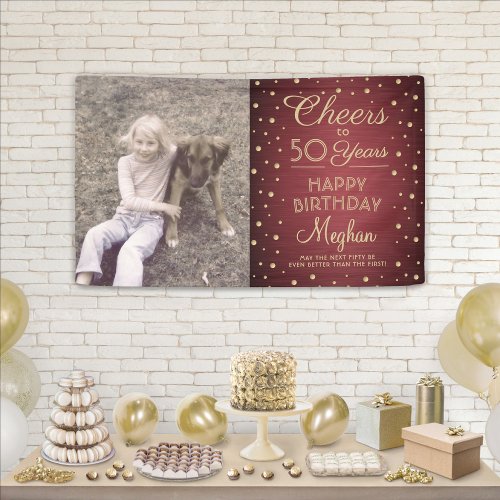 ANY Birthday Cheers Brushed Burgundy Gold 1 Photo Banner