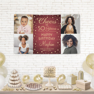 ANY Birthday Cheers Brushed Burgundy Gold 4 Photo Banner