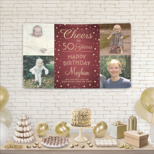 ANY Birthday Cheers Brushed Burgundy Gold 4 Photo Banner (Creator Uploaded)
