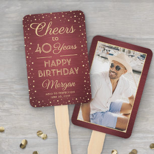 ANY Birthday Cheers Brushed Burgundy Gold Confetti Hand Fan