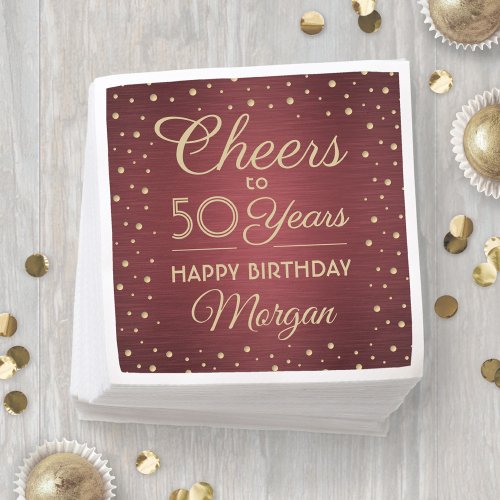 ANY Birthday Cheers Brushed Burgundy Gold Confetti Napkins
