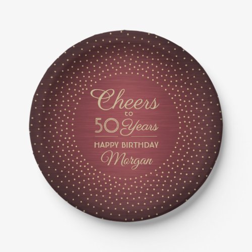 ANY Birthday Cheers Brushed Burgundy Gold Confetti Paper Plates