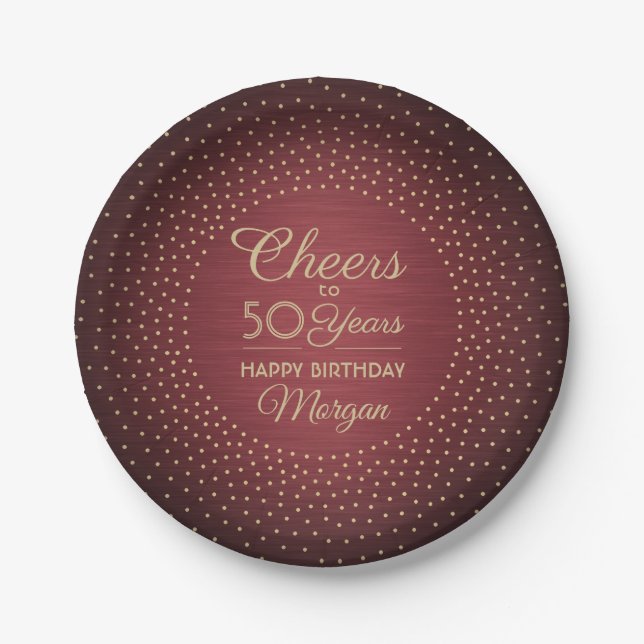 ANY Birthday Cheers Brushed Burgundy Gold Confetti Paper Plates (Front)