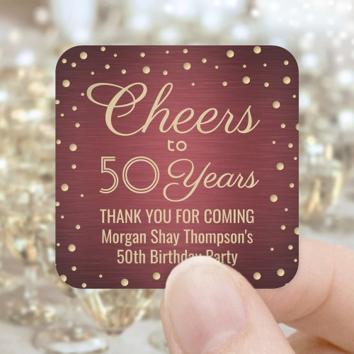 ANY Birthday Cheers Brushed Burgundy Gold Confetti Square Sticker