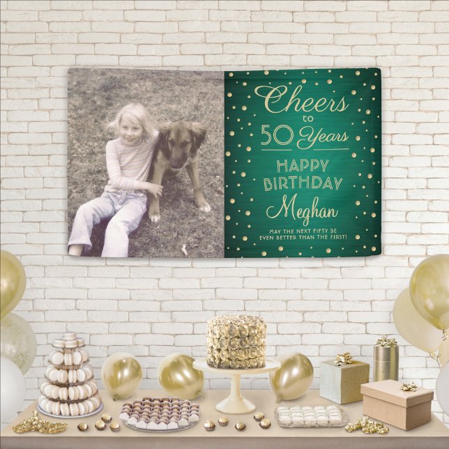 ANY Birthday Cheers Brushed Green and Gold 1 Photo Banner (Creator Uploaded)