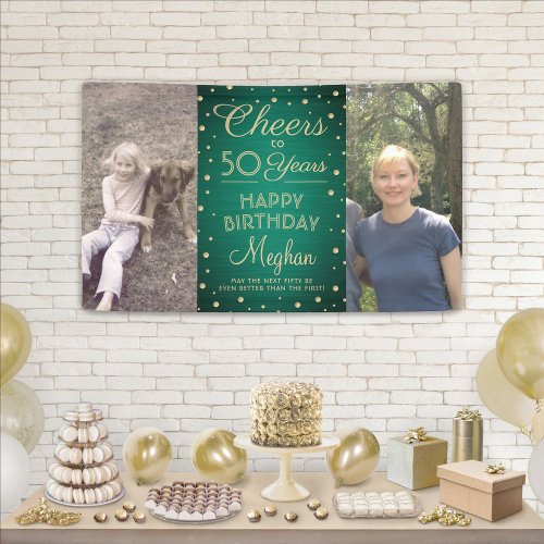 ANY Birthday Cheers Brushed Green and Gold 2 Photo Banner