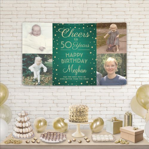 ANY Birthday Cheers Brushed Green and Gold 4 Photo Banner