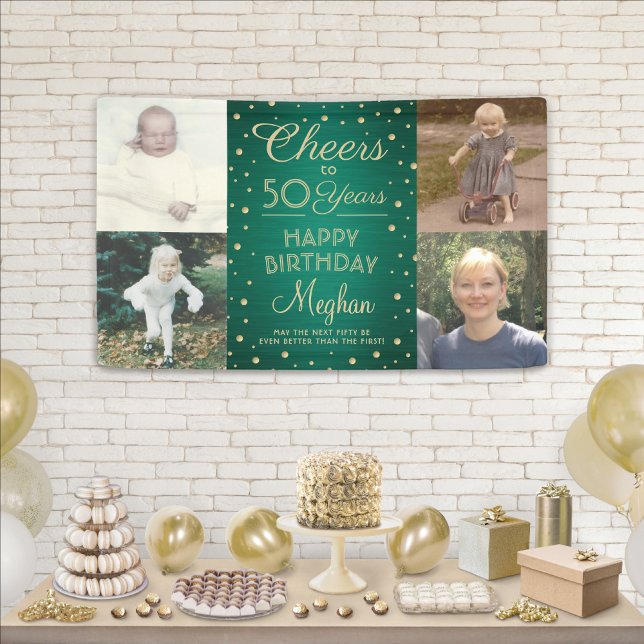 ANY Birthday Cheers Brushed Green and Gold 4 Photo Banner (Creator Uploaded)