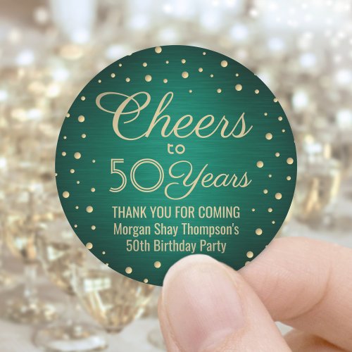 ANY Birthday Cheers Brushed Green  Gold Confetti Classic Round Sticker