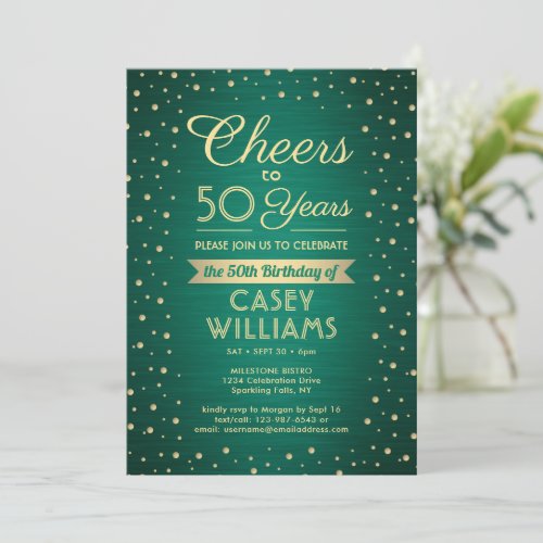 ANY Birthday Cheers Brushed Green  Gold Confetti Invitation