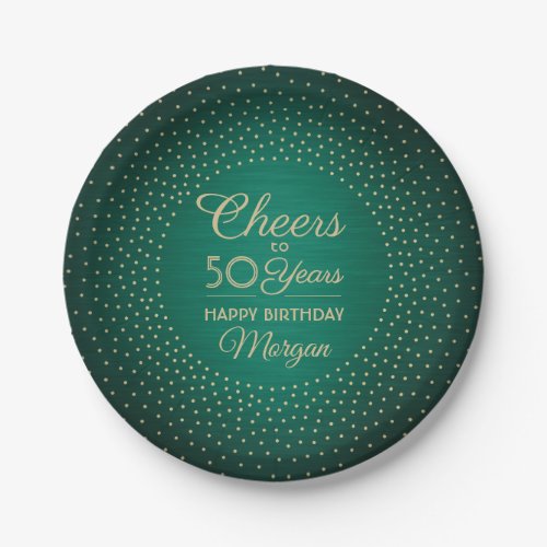 ANY Birthday Cheers Brushed Green  Gold Confetti Paper Plates