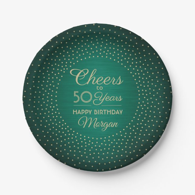 ANY Birthday Cheers Brushed Green & Gold Confetti Paper Plates (Front)