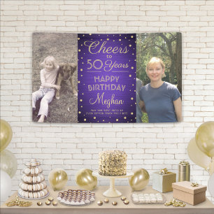 ANY Birthday Cheers Brushed Purple & Gold 2 Photo Banner