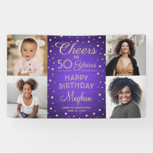 ANY Birthday Cheers Brushed Purple & Gold 4 Photo Banner