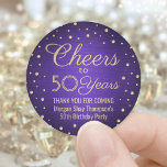 ANY Birthday Cheers Brushed Purple & Gold Confetti Classic Round Sticker<br><div class="desc">Add a personalized finishing touch to birthday party thank you notes or favors with these purple and gold round stickers / envelope seals. This template is set up for a 50th birthday, but is simple to customize to another year or event, such as an anniversary. Design features foil look confetti...</div>