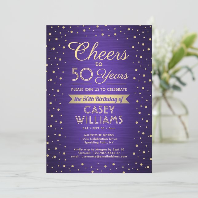 ANY Birthday Cheers Brushed Purple & Gold Confetti Invitation (Standing Front)