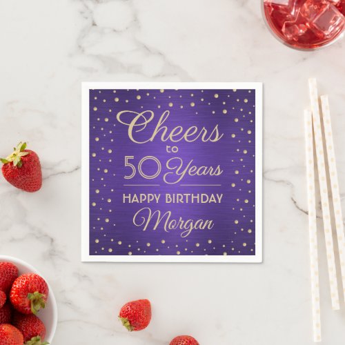 ANY Birthday Cheers Brushed Purple  Gold Confetti Napkins
