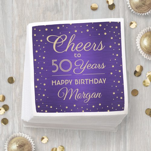 ANY Birthday Cheers Brushed Purple  Gold Confetti Napkins