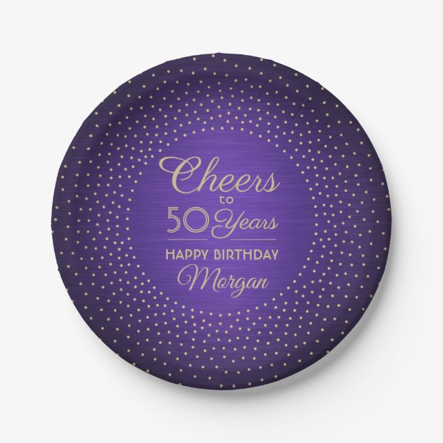 ANY Birthday Cheers Brushed Purple & Gold Confetti Paper Plates (Front)