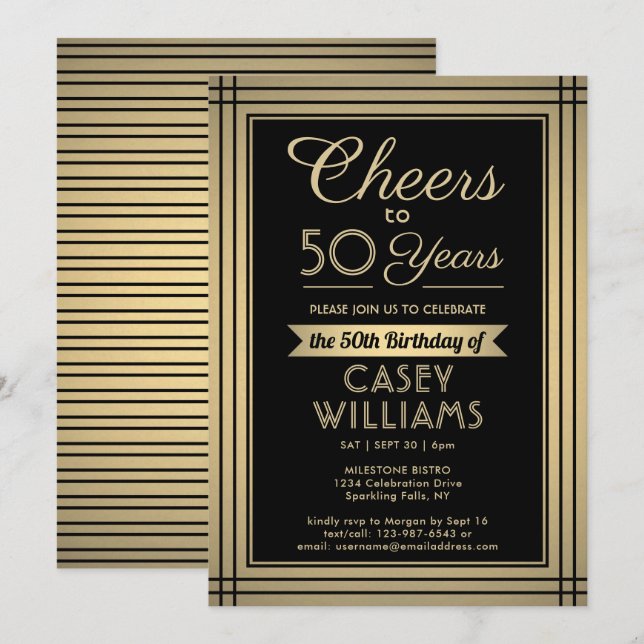 ANY Birthday Cheers Classic Border Black and Gold Invitation (Front/Back)