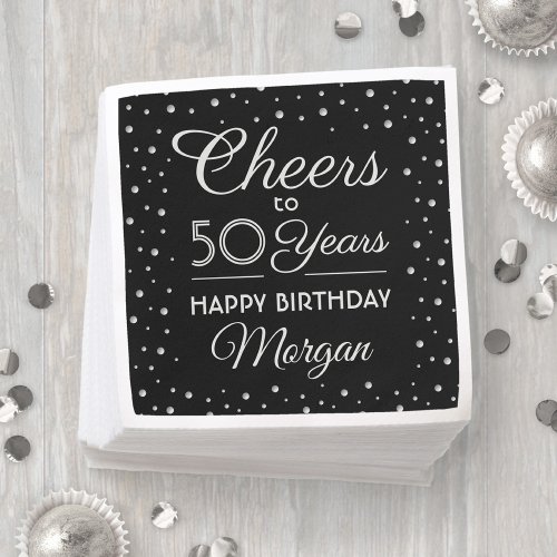 ANY Birthday Cheers Confetti Black White  Silver Napkins