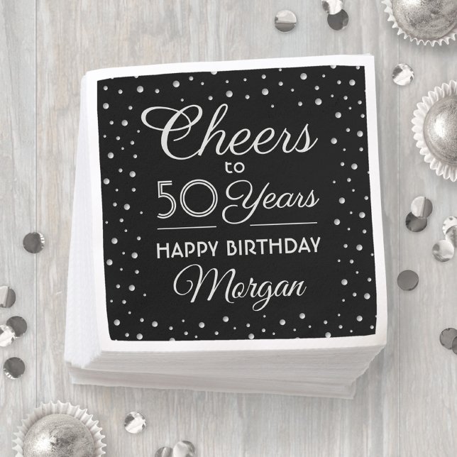 ANY Birthday Cheers Confetti Black White & Silver Napkins (Creator Uploaded)