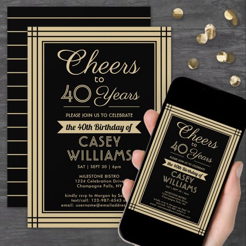 ANY Birthday Cheers Downloadable Black and Gold Invitation