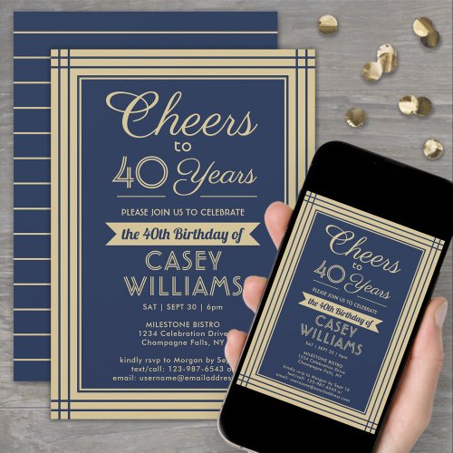 ANY Birthday Cheers Downloadable Navy Blue  Gold Invitation