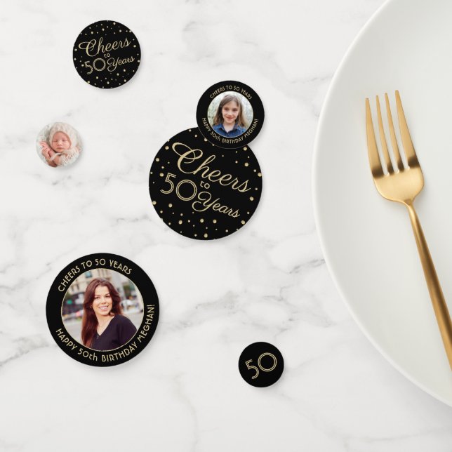 ANY Birthday Cheers Elegant Black and Gold 3 Photo Confetti (Group)